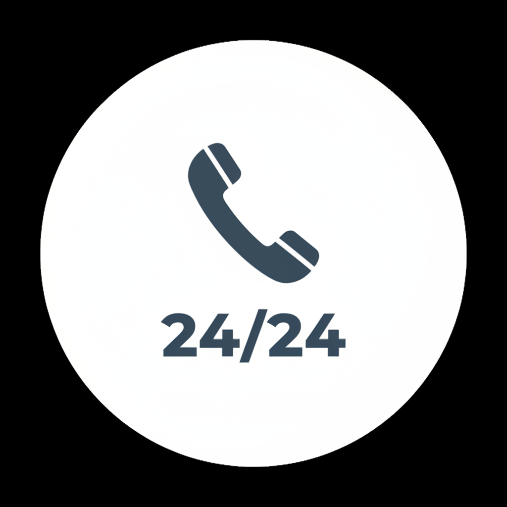 Icône de téléphone marqué 24/24, dans un cercle blanc bien visible, tous les coins doivent rester blancs, sans aucun fond autour du cercle.