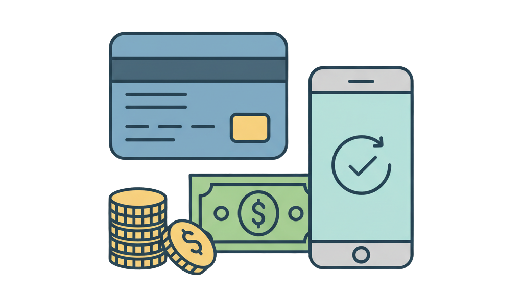 icône de moyens de paiement (cartes bancaires, espèces, Apple Pay) en style moderne, même composition que l’existante, sans fond blanc, fond transparent, contours nets